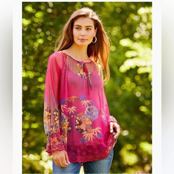 NWT JOHNNY WAS
Mazzy Floral Print Contrast Embroidered Mesh Split Peasant Blouse - Picture 2 of 7